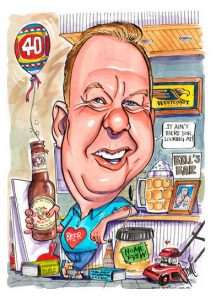 40th Birthday caricature showing a man having a beer in hsi man cave