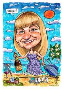 gift caricature of a woman on the beach with champagne