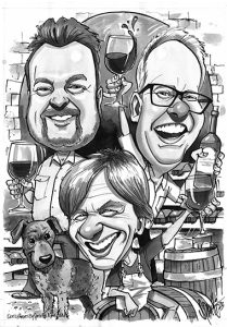 Caricatures of three mates drinking wine