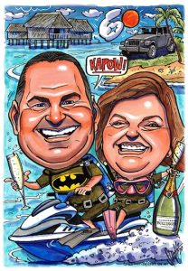 caricature image of a couple on jet ski by Spratti