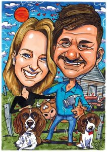 caricature image of a couple with dogs by Spratt