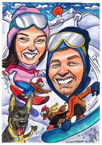 caricature couple skiing by Spratti