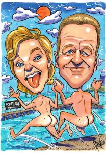 caricature image of a couple jumping into water.