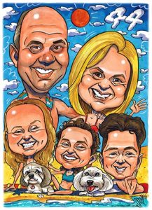 Family group caricature of five people at the beach by Spratti
