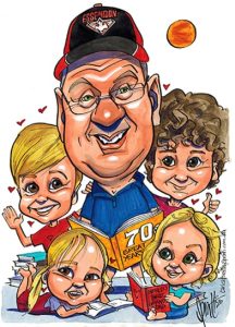 Family group caricature of fa grandfather and his grandkids by Spratt