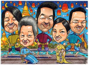 Family group caricature of five people from Indonesia by Spratti