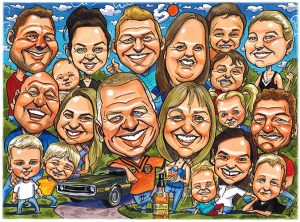 Large family group caricature by Spratti