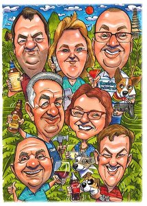Family group caricature of seven people in Bali by Spratti
