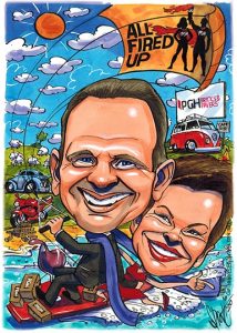retirement caricature of couple on wind surfer